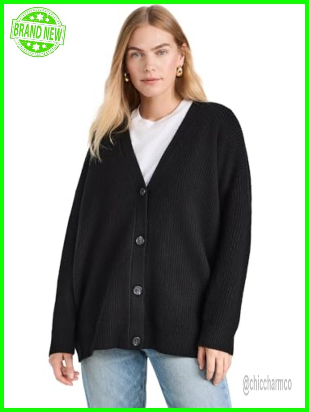 Cashmere Cocoon Cardigan Ribbed Knit V-Neck Button Loose Fit